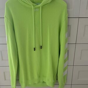 Off-White Neon Lime Crewneck Hoodie with Diagonal Sleeve Stripes